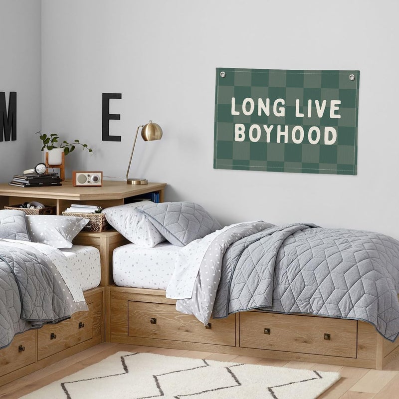 PLKMN Long Live Boyhood Linen Banner – Boys Room Wall Hanging, Playroom & Nursery Decor, Toddler Room Flag, Aesthetic Boys Bedroom Sign – Forest Green & White - Image 4